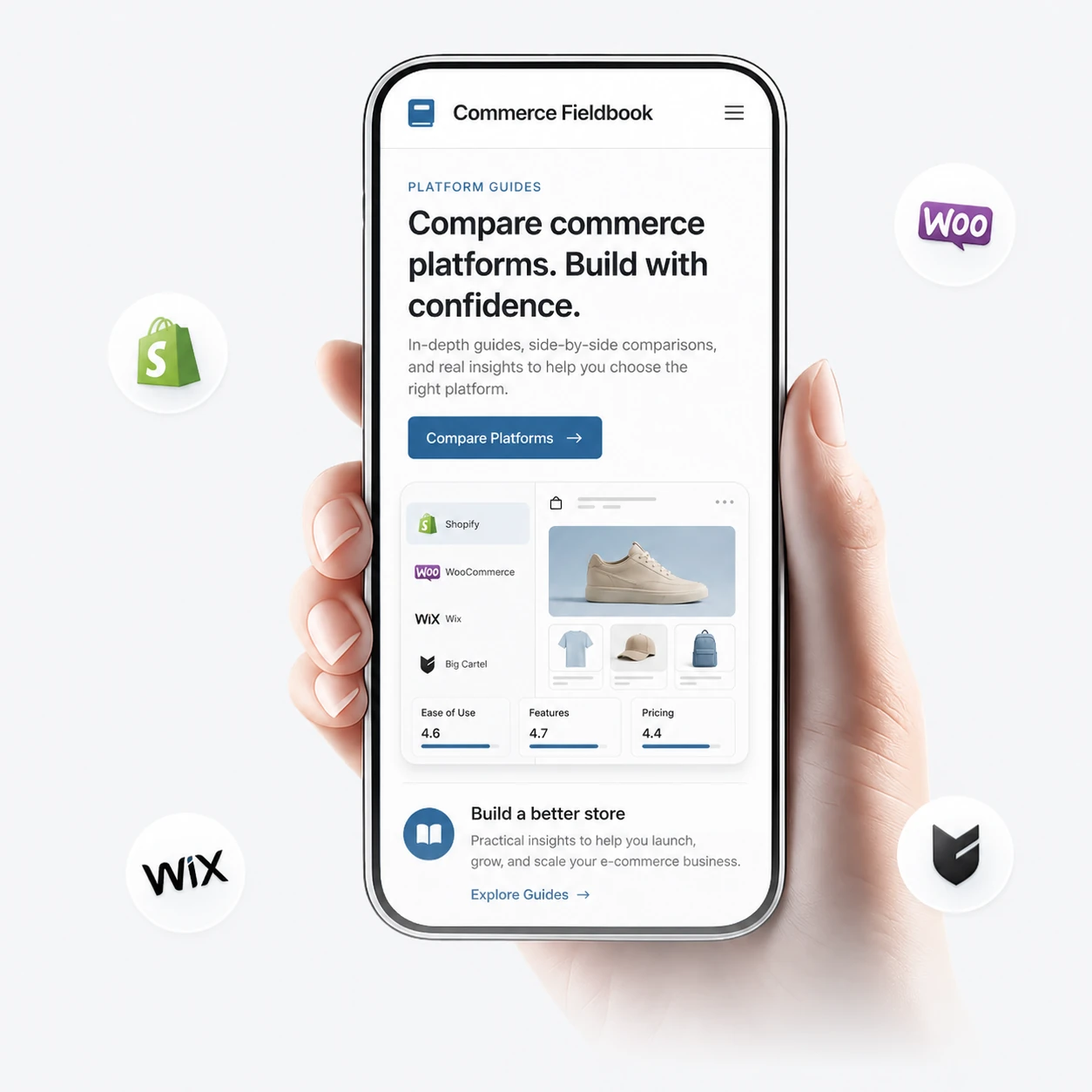 Commerce Fieldbook platform guide on a phone, with Shopify, WooCommerce, Wix and Big Cartel logos